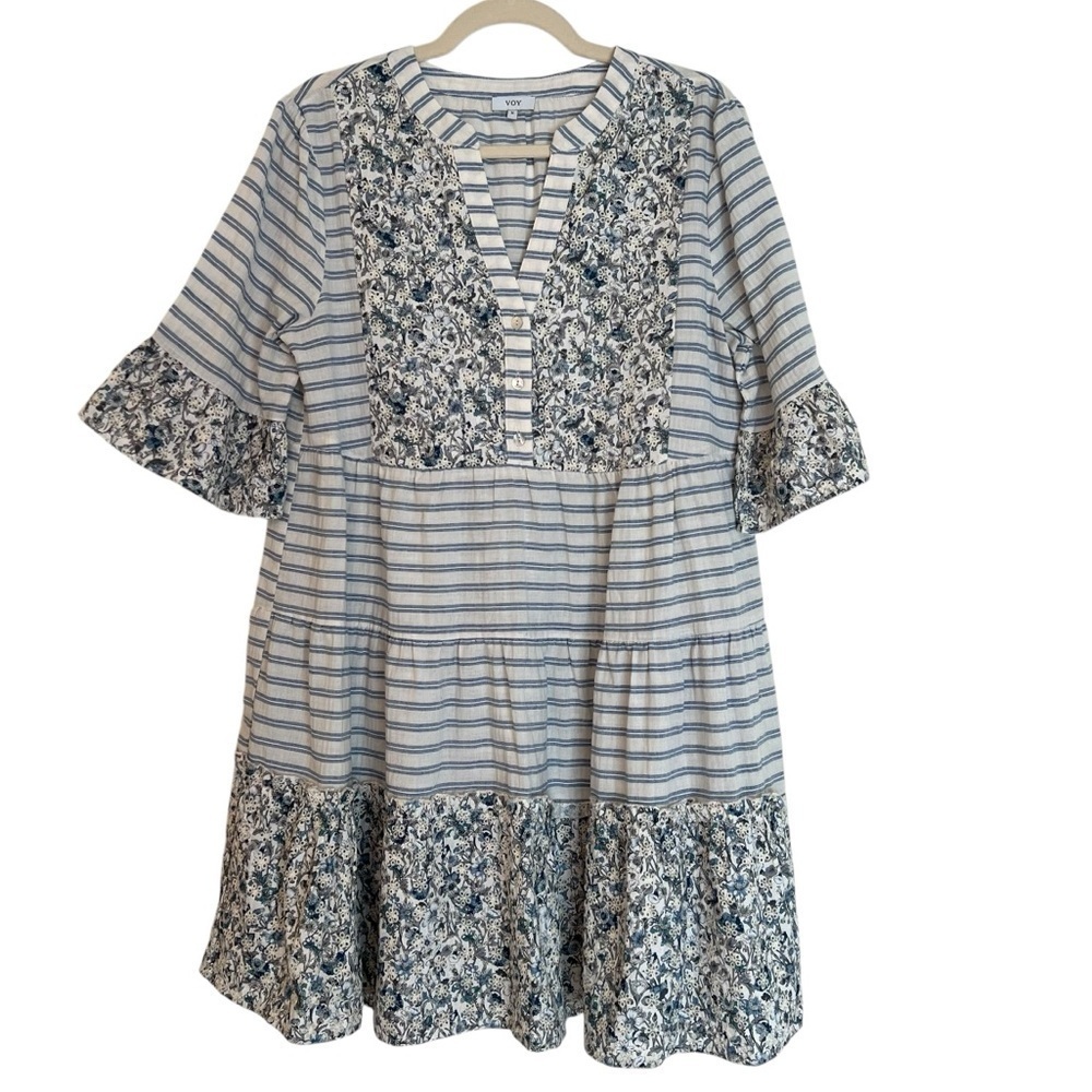 Voy Floral Eyelet Embroidered Stripe Tiered Ruffle Dress Blue White Medium